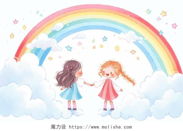 两个女孩站在云朵上卡通AI插画彩虹星星幼儿园背景儿童绘本